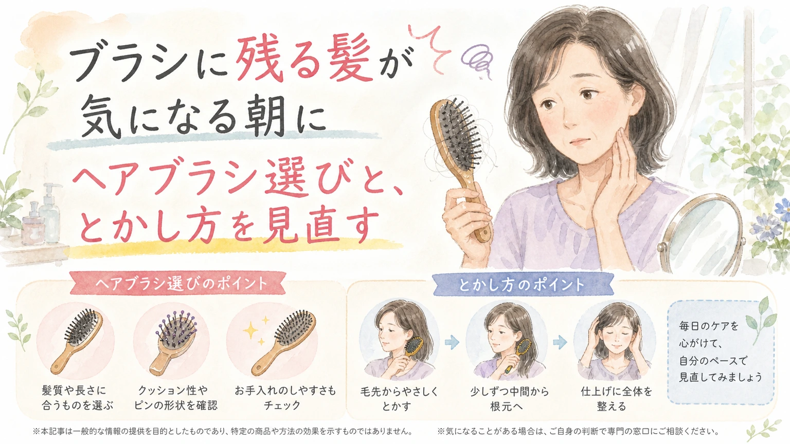 ヘアブラシを手に髪をとかす大人女性をやわらかく描いた水彩イラスト風のアイキャッチ