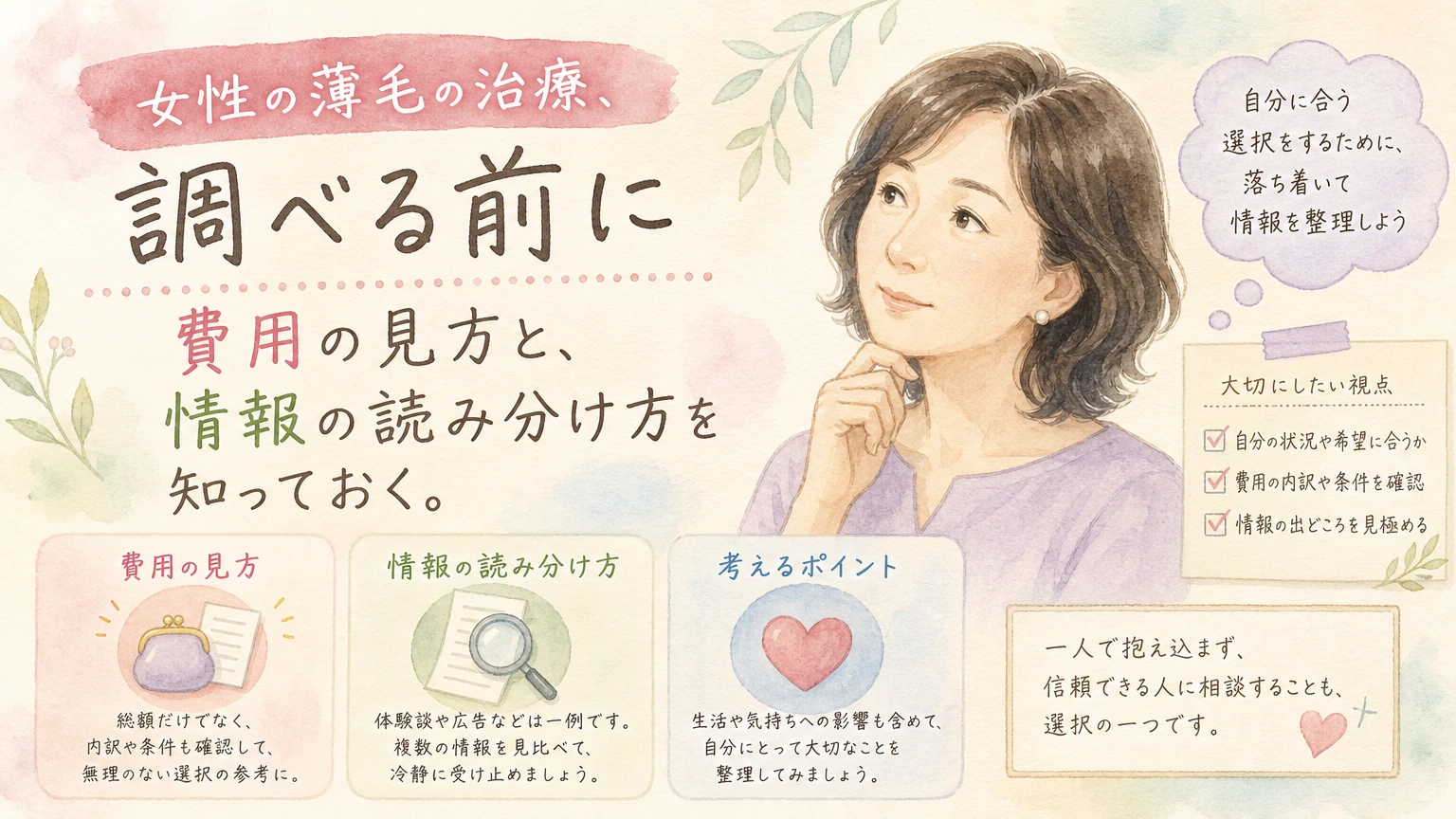 髪の悩みについて調べものをしている大人女性をやわらかく描いた水彩イラスト風のアイキャッチ