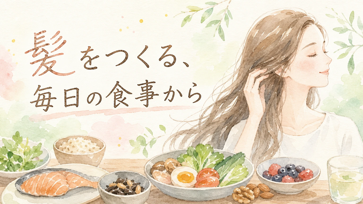 食卓でたんぱく質や野菜を意識した食事をとる大人女性をやわらかく描いた水彩イラスト風のアイキャッチ