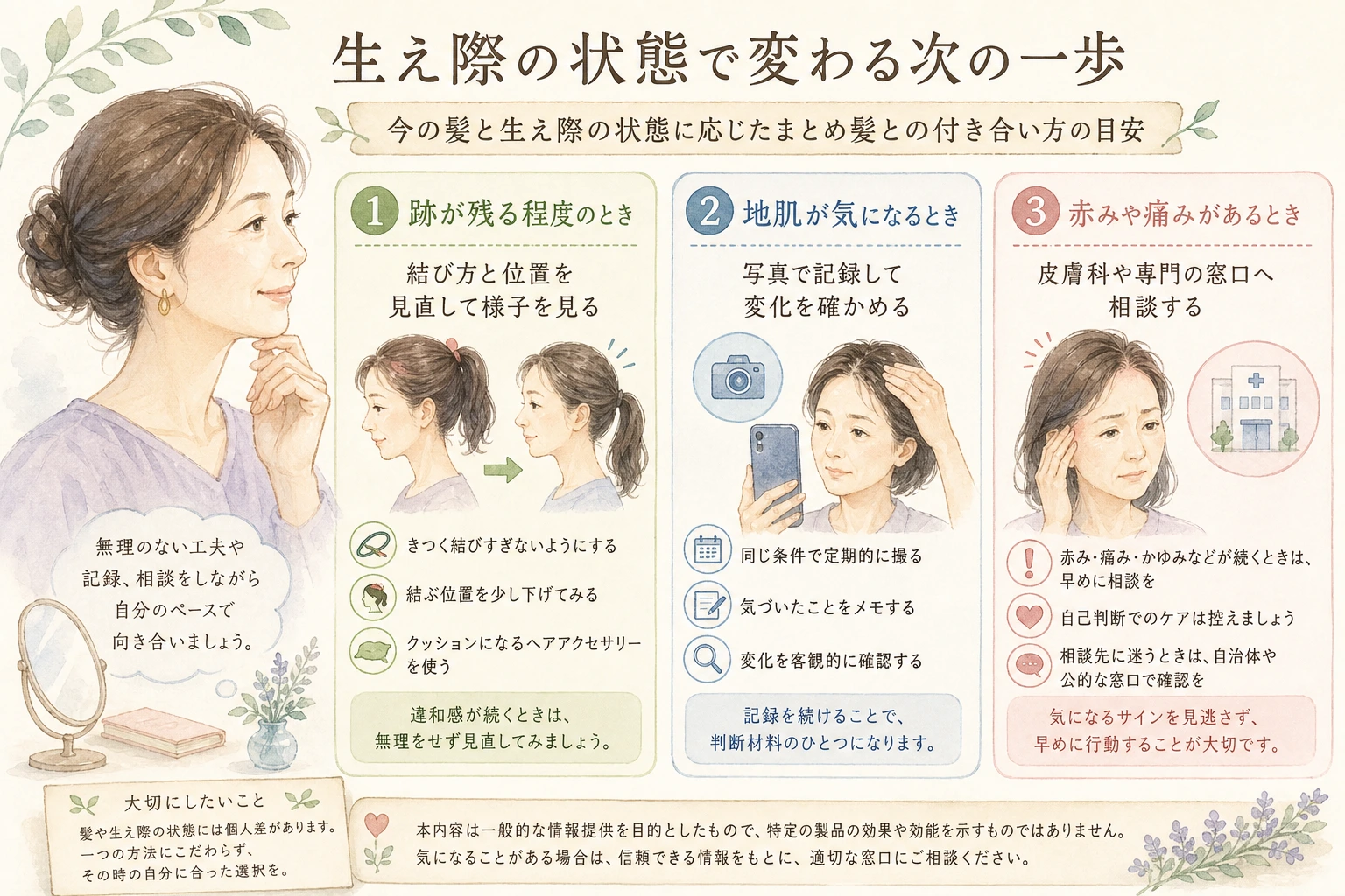 生え際の状態に応じて結び方の見直し・記録・相談のどこから始めるかを並べた図解