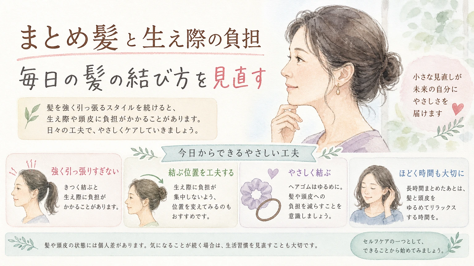 髪をひとつにまとめながら鏡の前で生え際を確かめる大人女性をやわらかく描いた水彩イラスト風のアイキャッチ