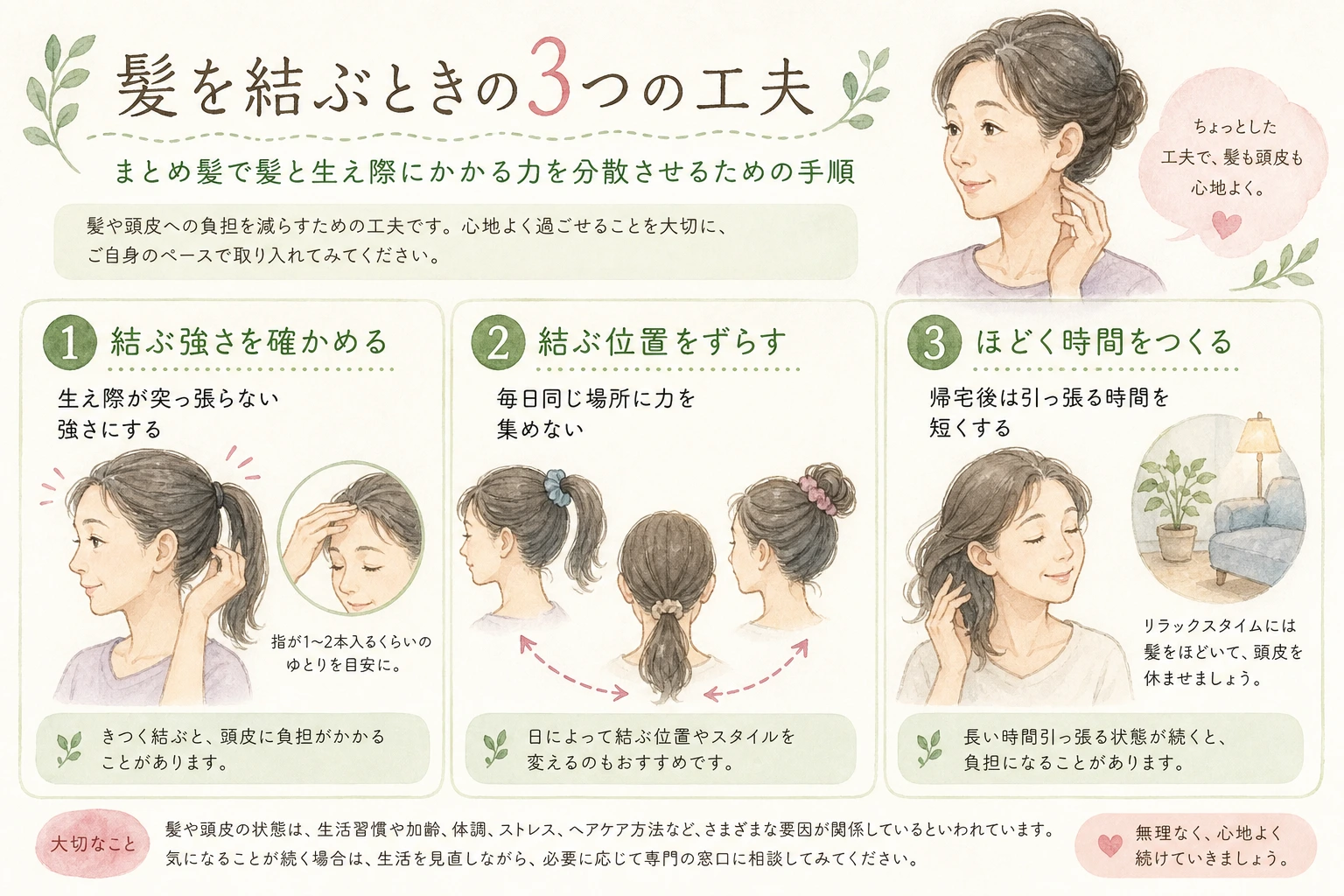 まとめ髪の負担を減らすために結ぶ強さ・位置・時間を見直す3つのステップを順に示した図解