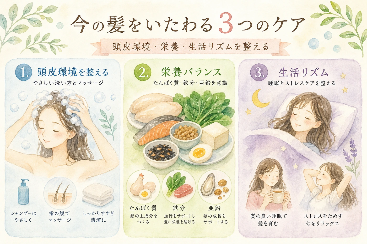 頭皮環境・栄養バランス・生活リズムを整える3つのケアを示した図解