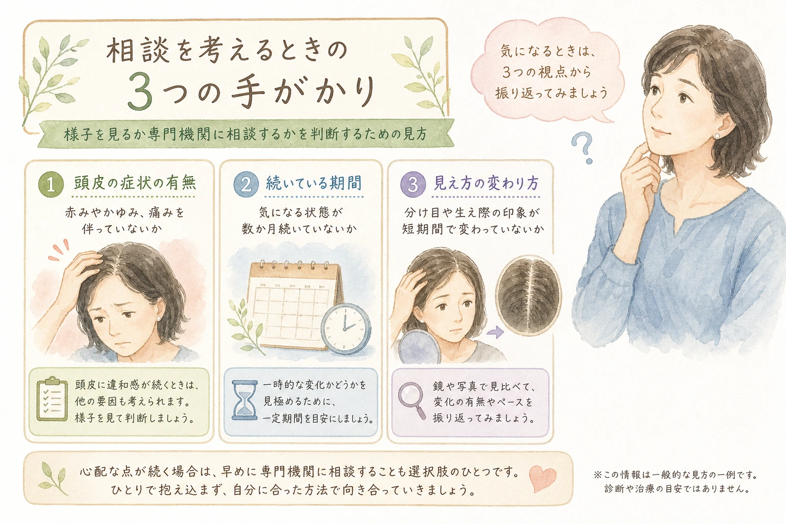 セルフケアで様子を見るか専門機関に相談するかを考えるときの3つの手がかりを示した図解