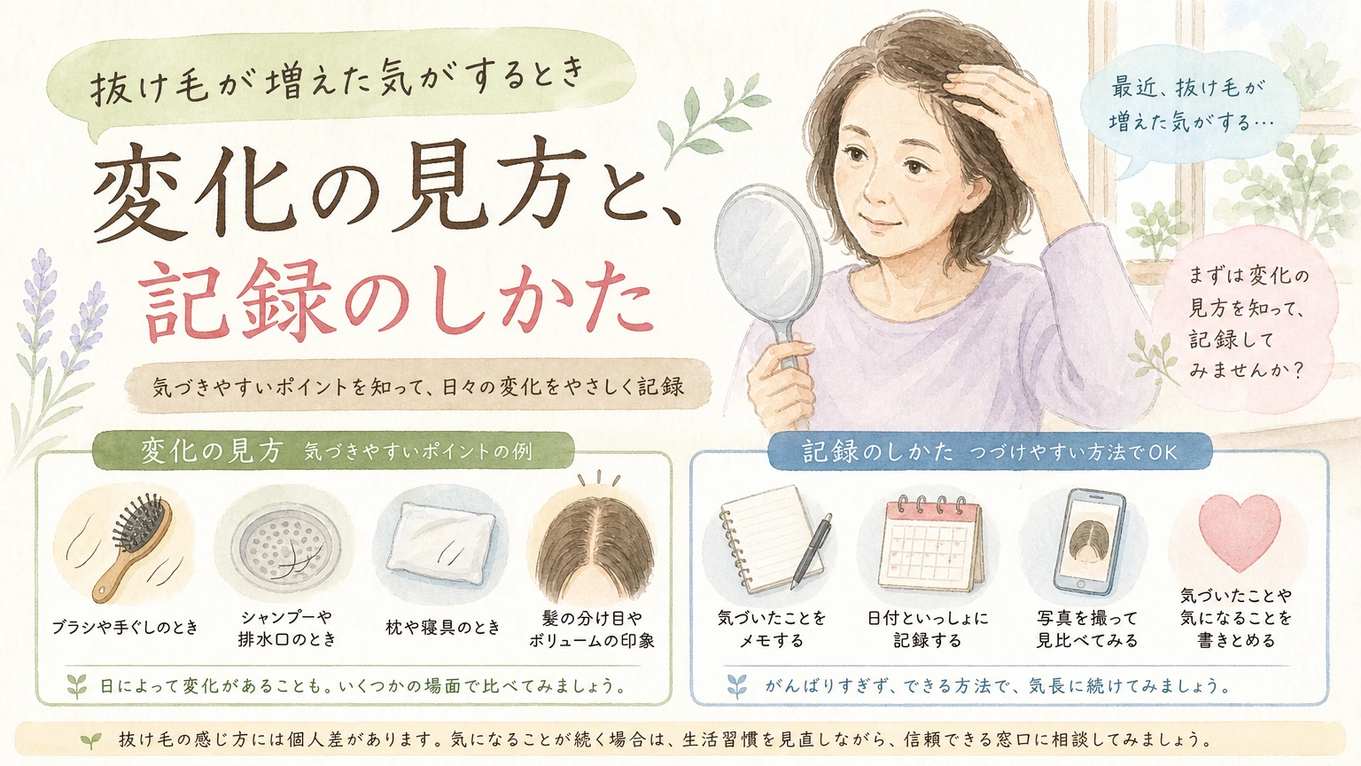 洗面台で髪の変化を静かに確かめる大人女性をやわらかく描いた水彩イラスト風のアイキャッチ