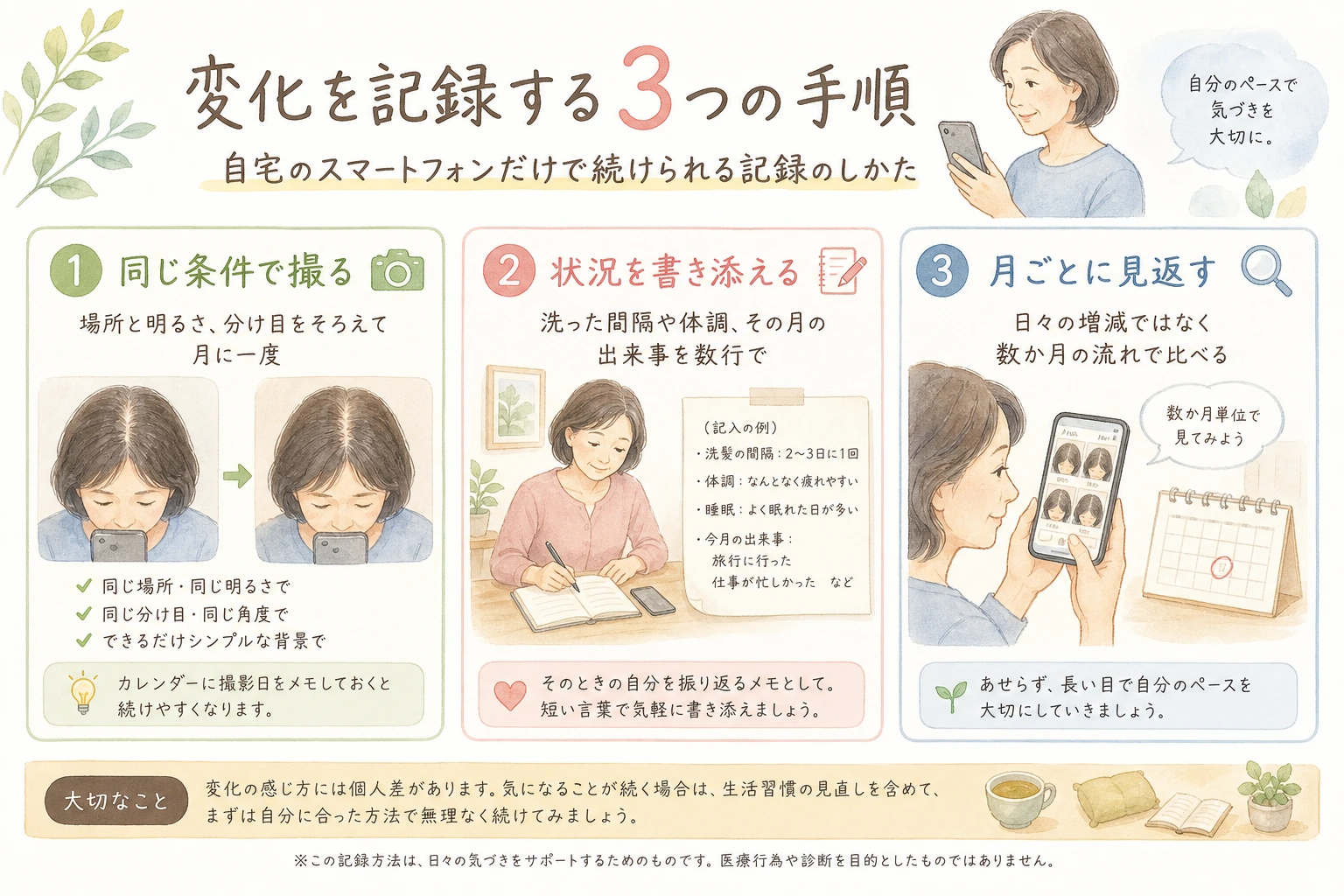 抜け毛の変化を自宅で記録する3つの手順を示した図解