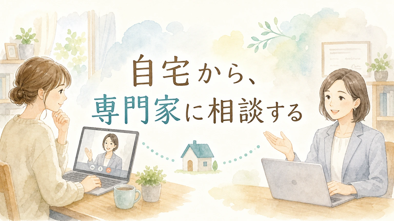 自宅でスマートフォンを使ってオンライン診療を受ける大人女性をやわらかく描いた水彩イラスト風のアイキャッチ