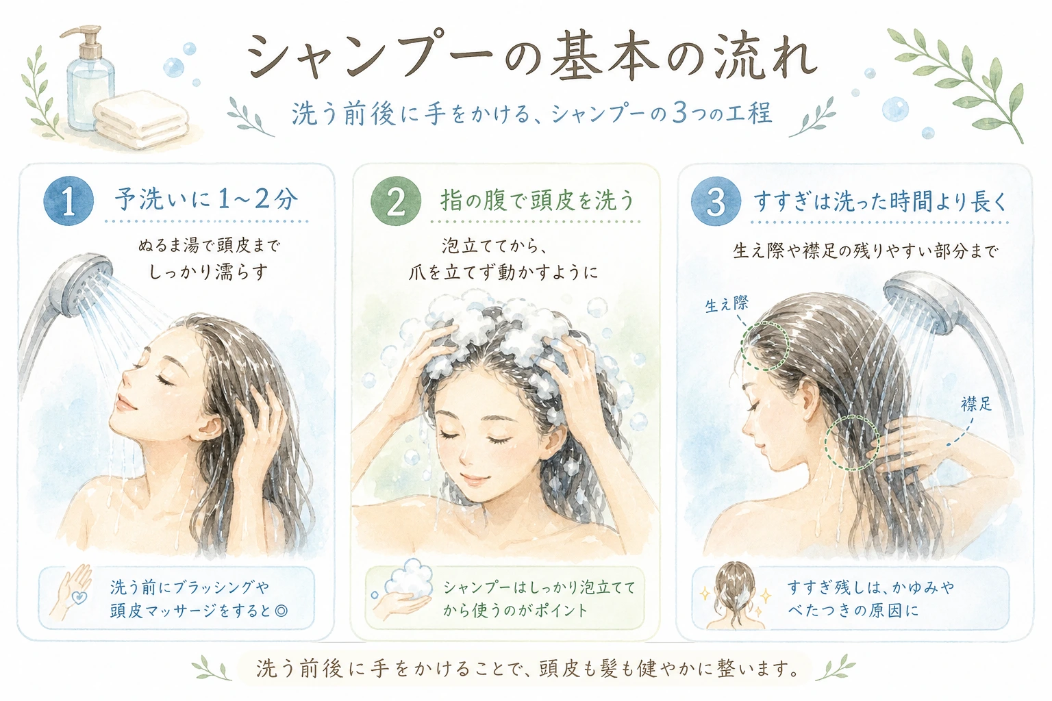 予洗い・洗浄・すすぎというシャンプーの基本手順を3ステップで示した図解