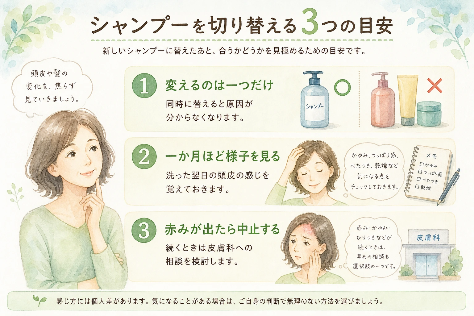 シャンプーを切り替えるときに確認したい3つの目安を示した図解