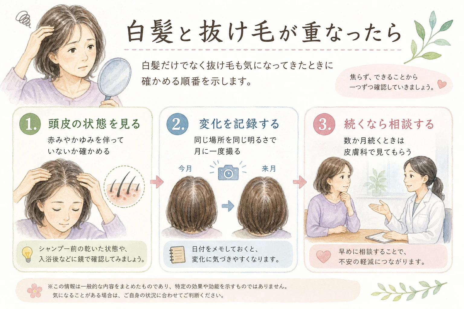 白髪と抜け毛の不安が重なったときに確かめる順番を示した図解