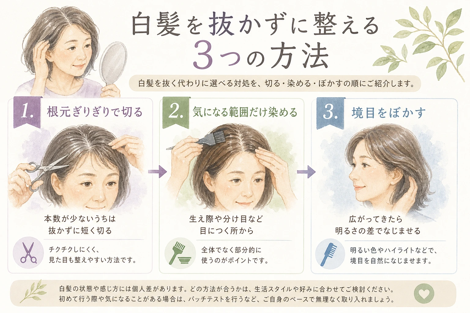 白髪を抜かずに整える3つの方法を切る・染める・ぼかすの順に示した図解
