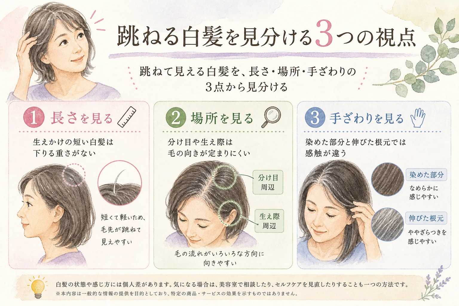 跳ねる白髪を長さ・場所・手ざわりの3つの視点で見分ける手順を示した図解