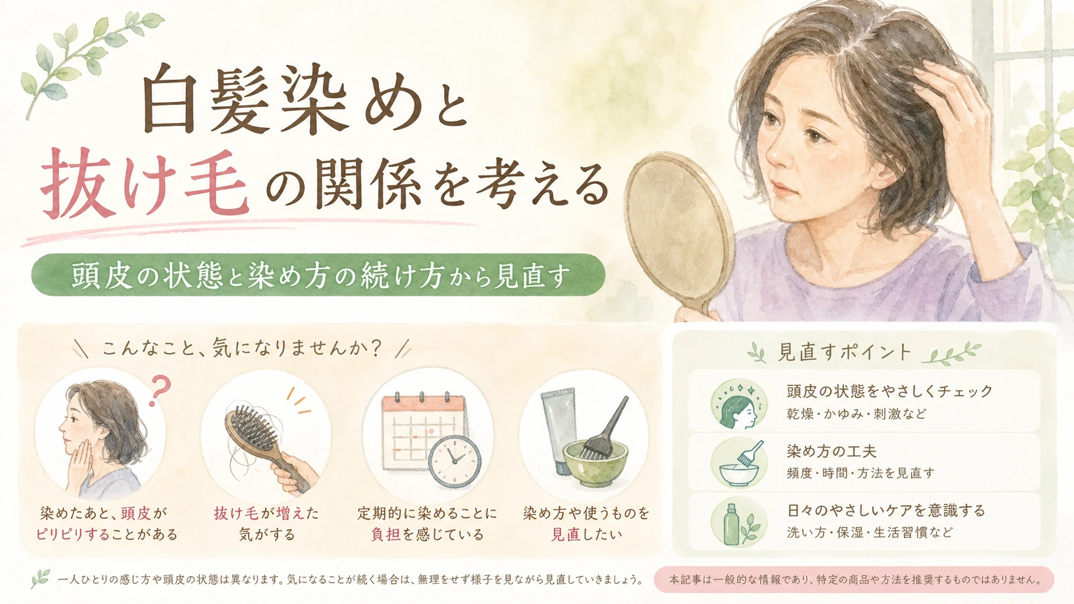 白髪染めと抜け毛の関係について考える大人女性をやわらかく描いた水彩イラスト風のアイキャッチ