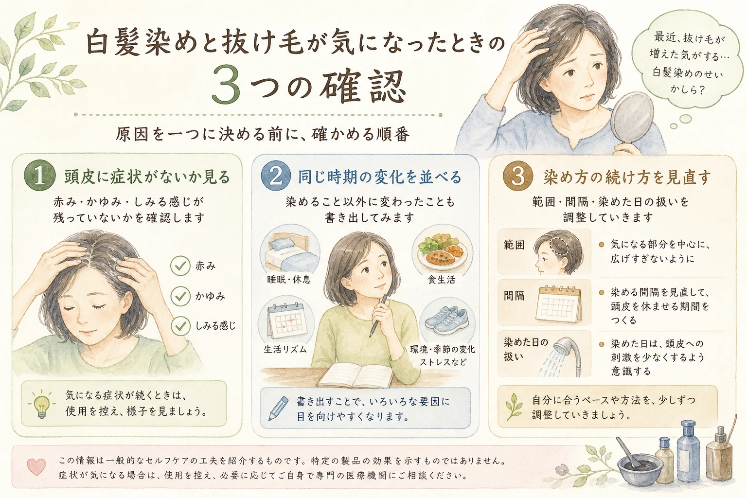 白髪染めと抜け毛が気になったときに確かめる3つの順番を示した図解