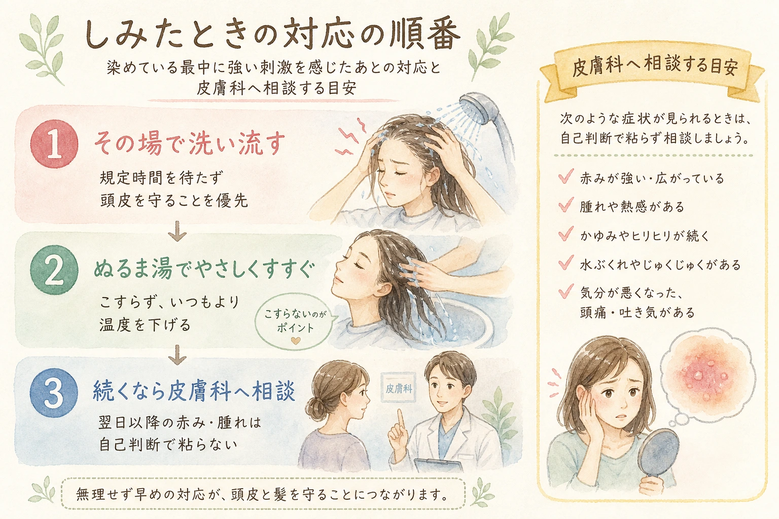 白髪染めでしみたときの対応を段階ごとに整理し、皮膚科へ相談する目安を示した図解