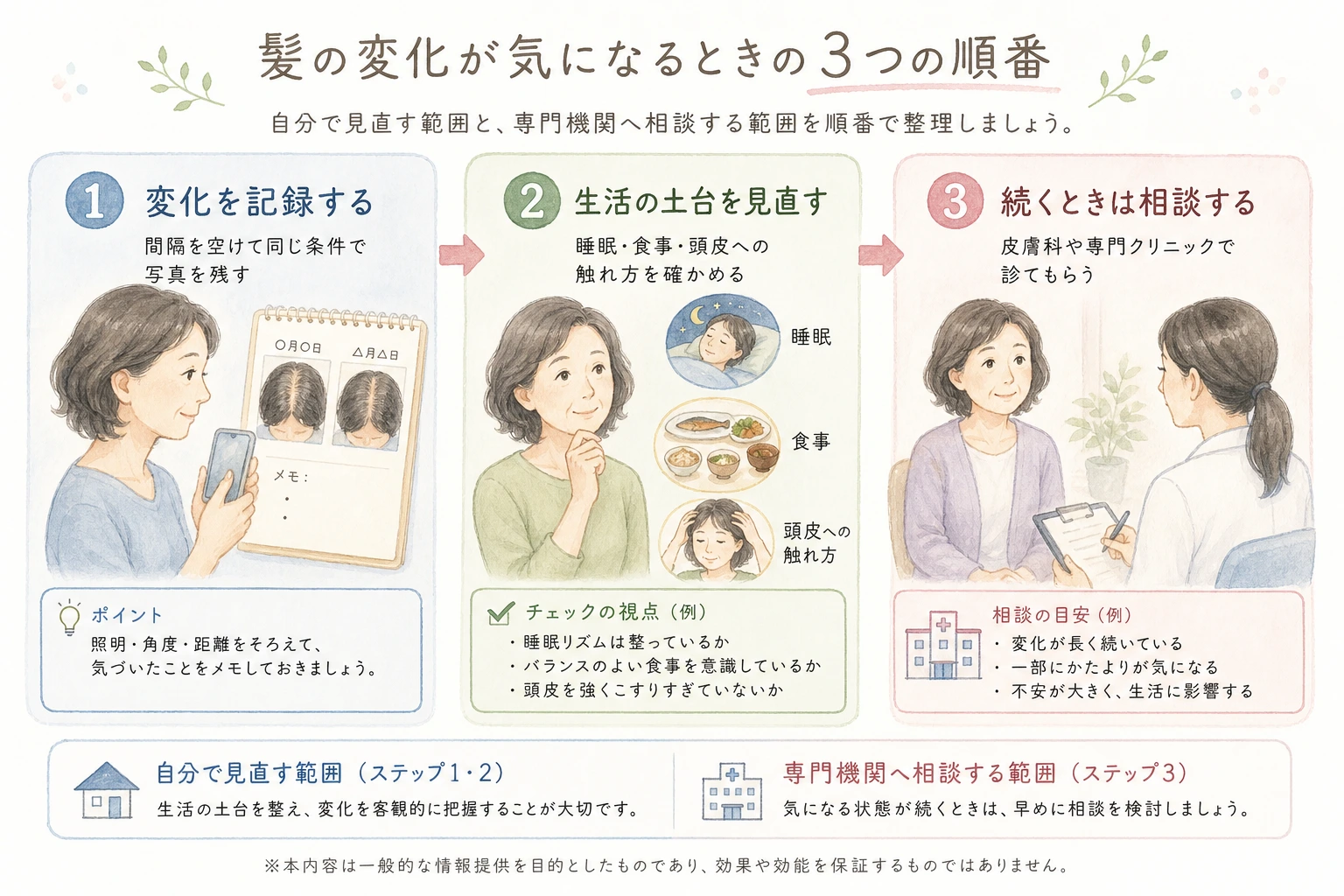 髪の変化が気になるときに記録・生活の見直し・専門機関への相談を順に考える3つの順番を示した図解