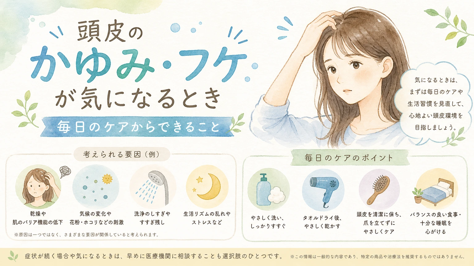 洗面台で髪を指の腹でやさしく洗いながら頭皮をいたわる大人女性を描いた水彩イラスト風のアイキャッチ