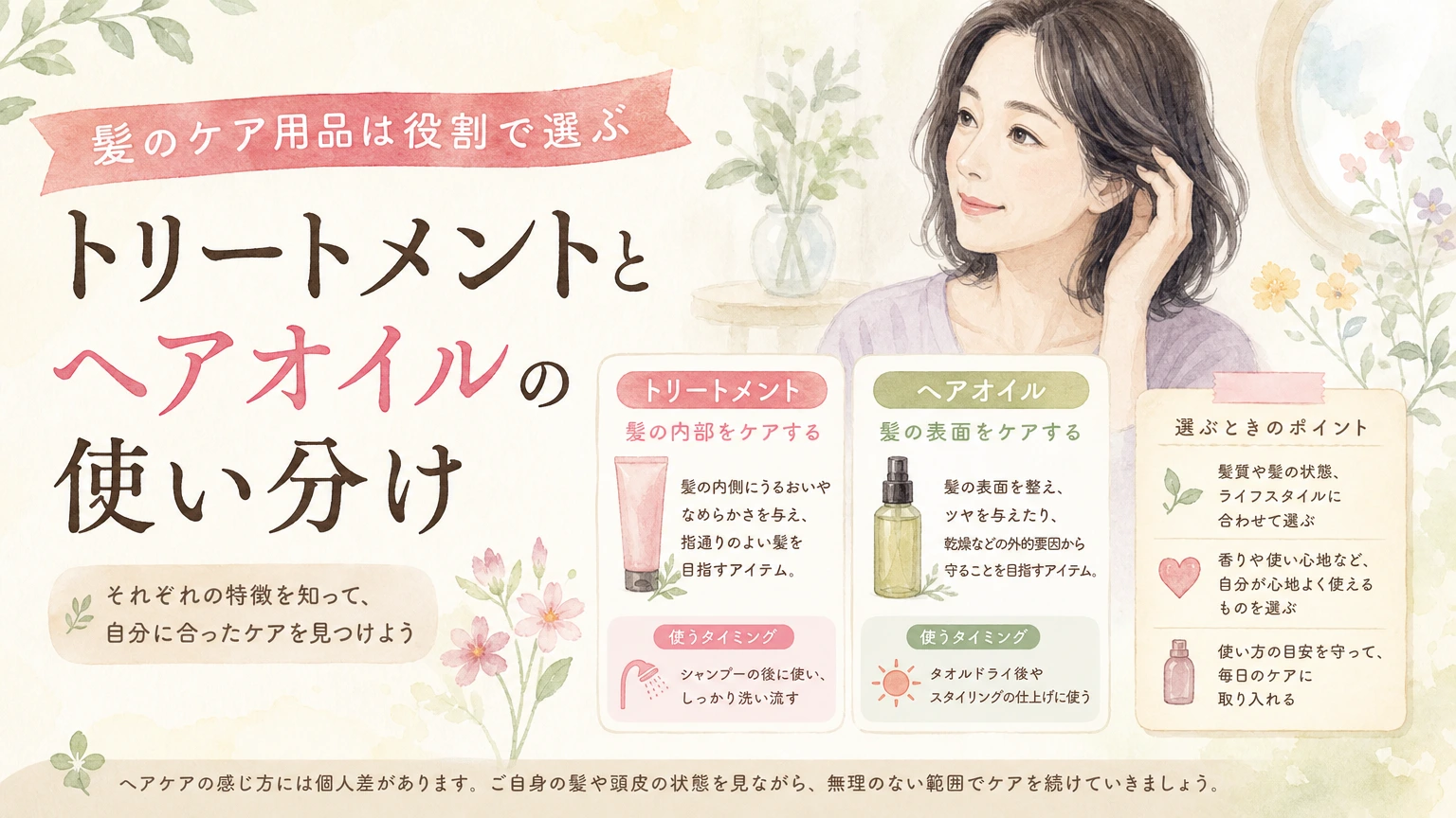 洗面台に並んだヘアケア用品を手に取る大人女性をやわらかく描いた水彩イラスト風のアイキャッチ