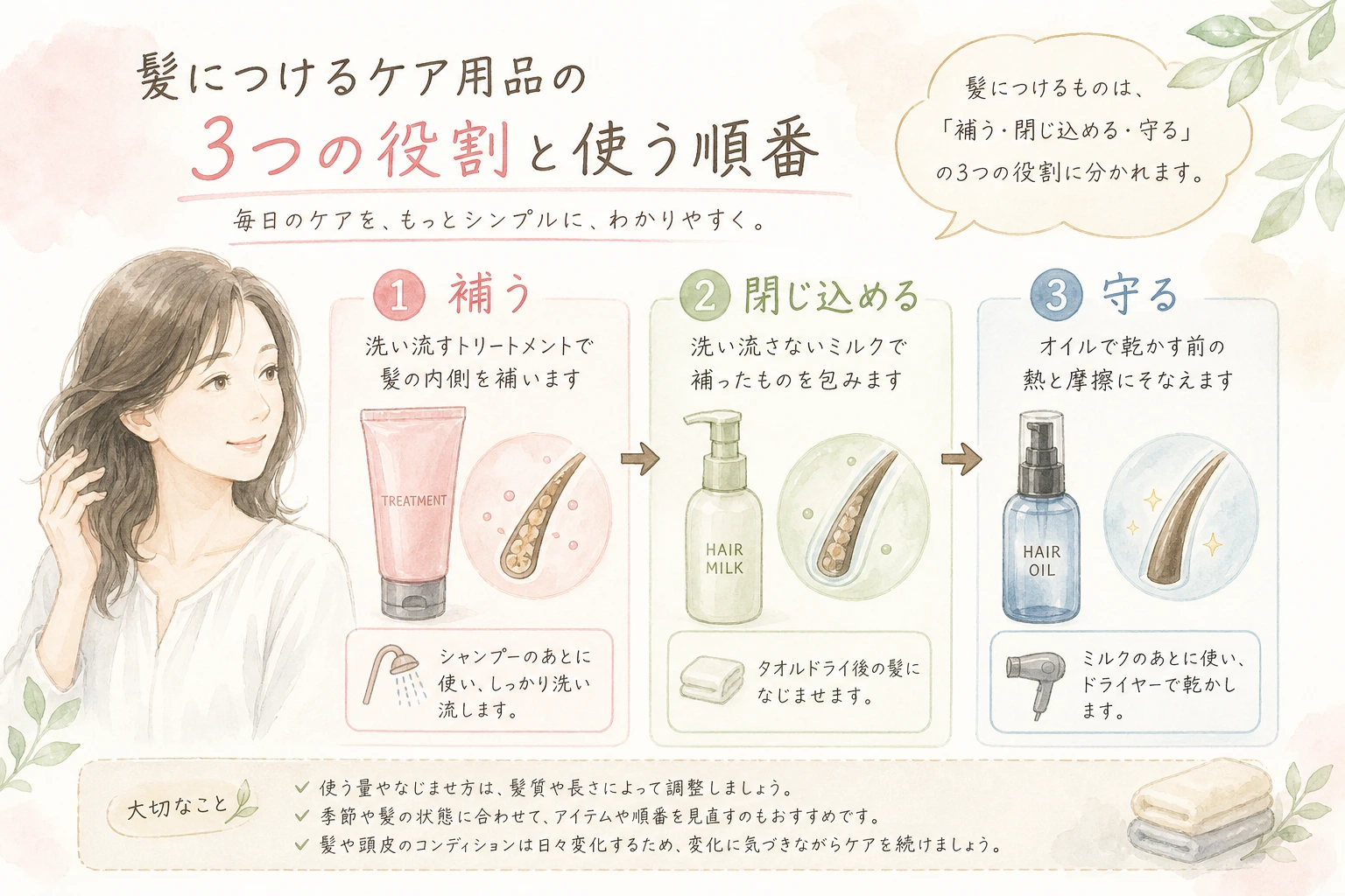 ヘアケア用品を補う・閉じ込める・守るの三つの役割で整理し、使う順番を示した図解