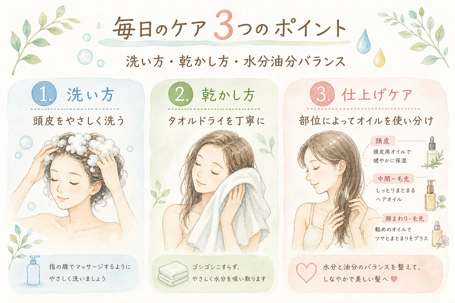 洗い方・乾かし方・水分油分バランスの3つのケアポイントを示した図解