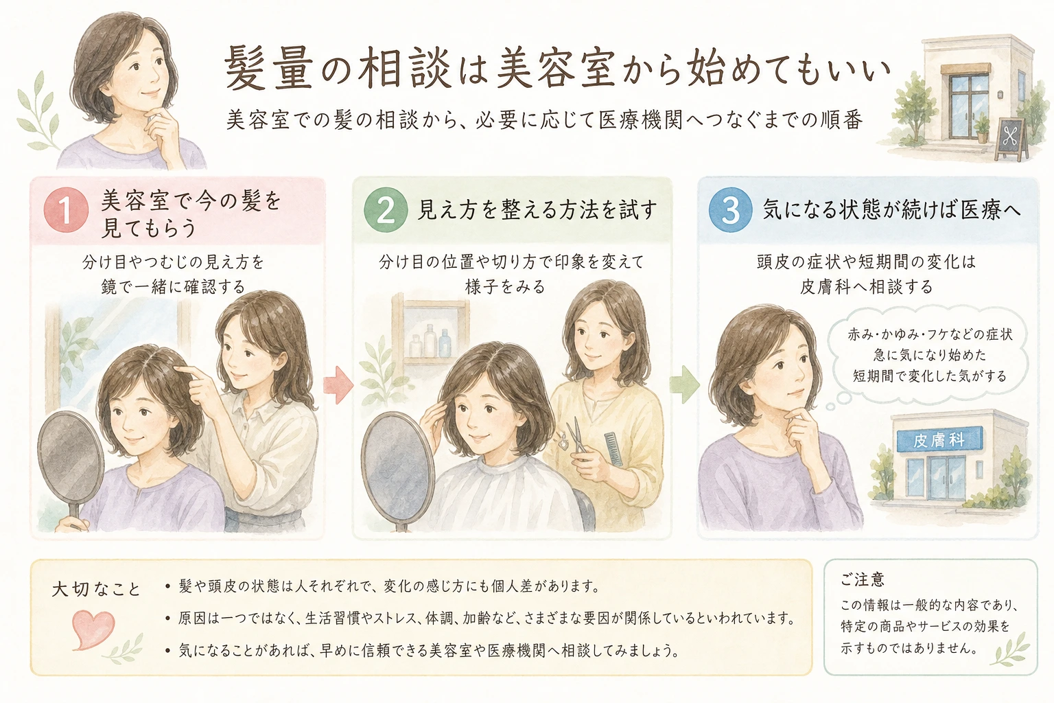 美容室で髪量を相談してから医療機関につなぐまでの3つの順番を示した図解