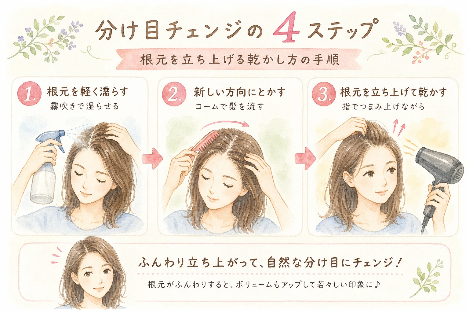 分け目チェンジと根元を立ち上げる乾かし方の手順を示した図解