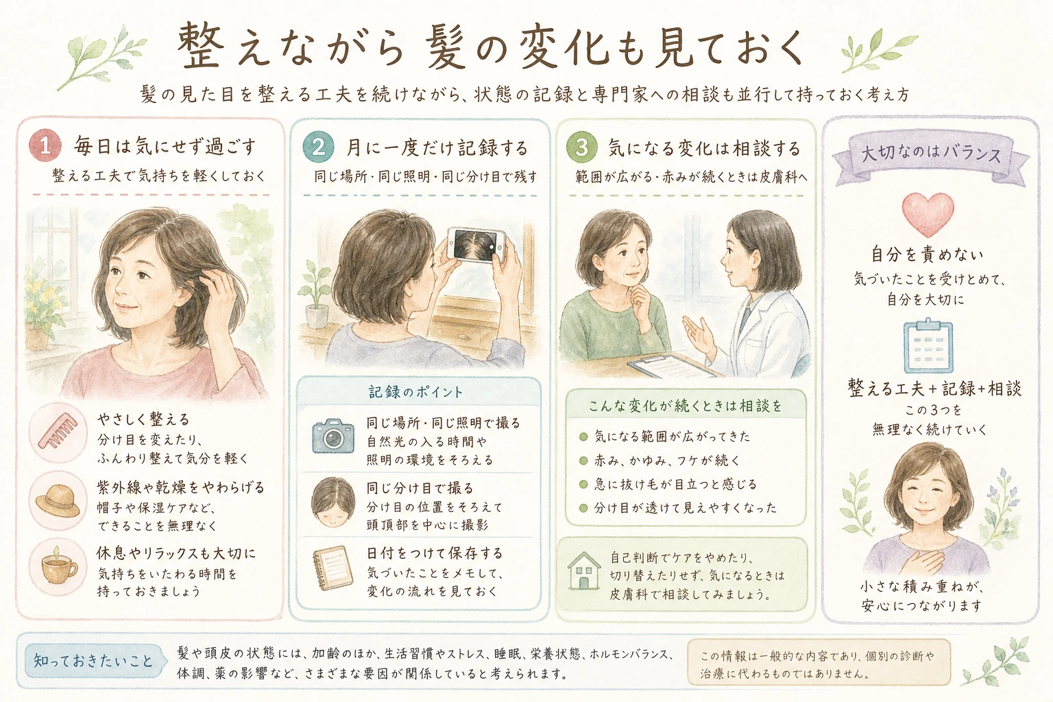 見た目を整える工夫と、月一回の記録・専門家への相談を並行して続ける考え方を示した図解