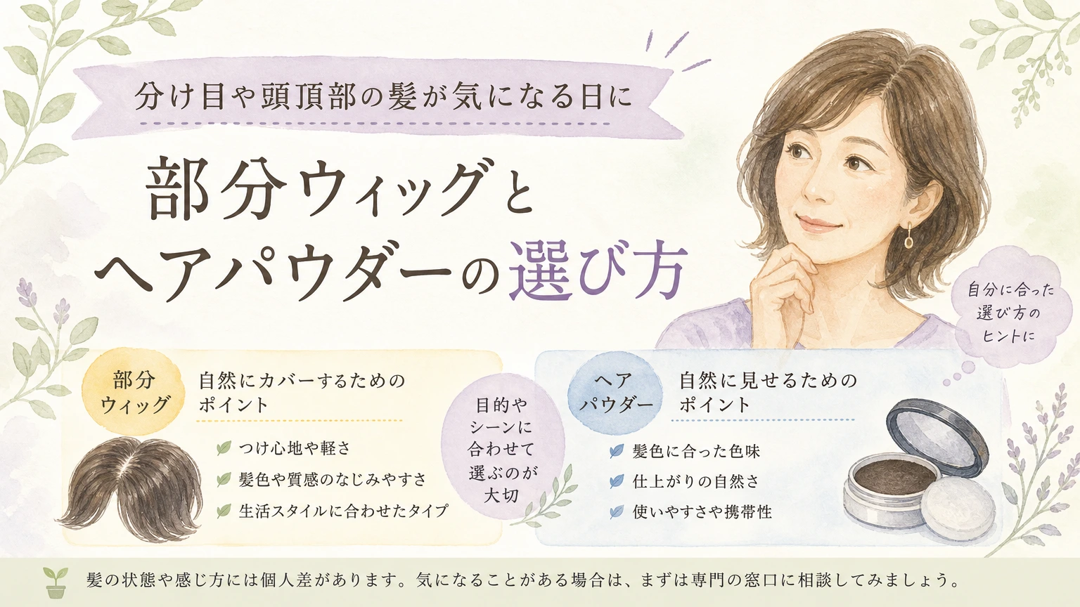 鏡の前で分け目のあたりを整えながら髪の見え方を確かめる大人女性を描いた水彩イラスト風のアイキャッチ