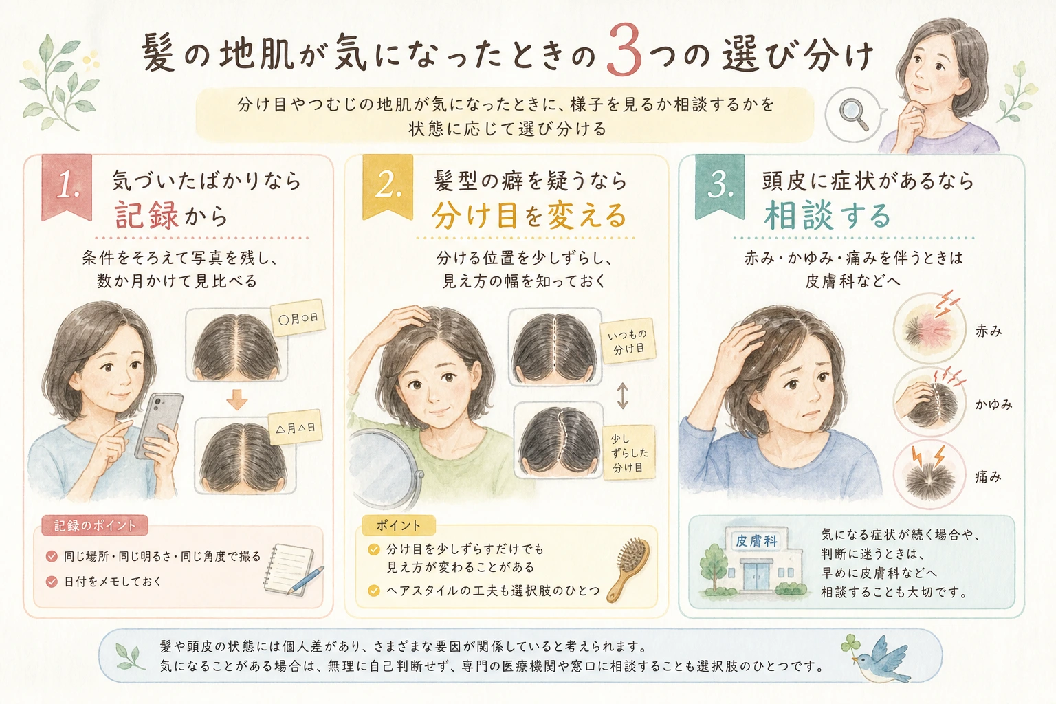 地肌の見え方が気になったときに様子を見る・記録する・相談するを選び分ける考え方を示した図解