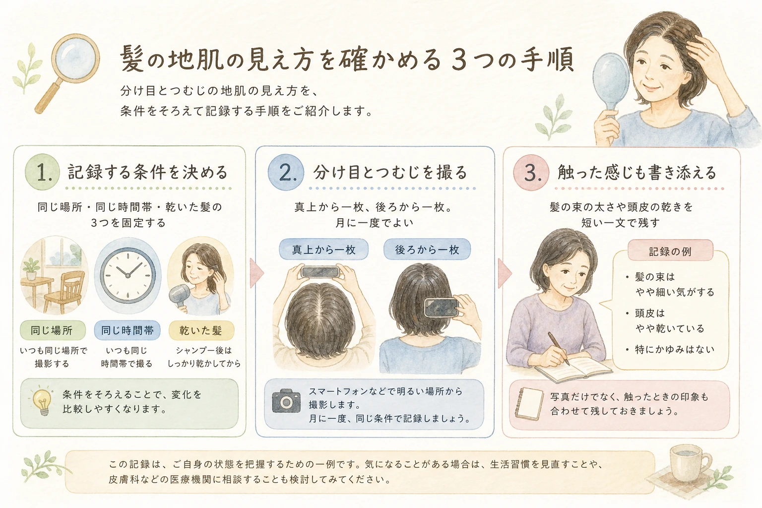 分け目やつむじの地肌の見え方を条件をそろえて確かめる3つの手順を示した図解
